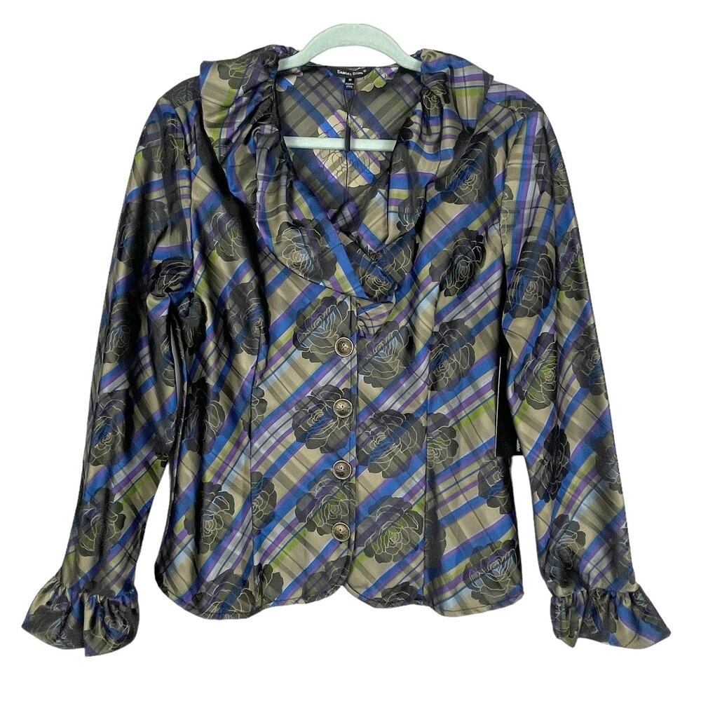 Samuel Dong Ruffle Button Down Blouse Medium Rose Plaid Art to Wear Blazer